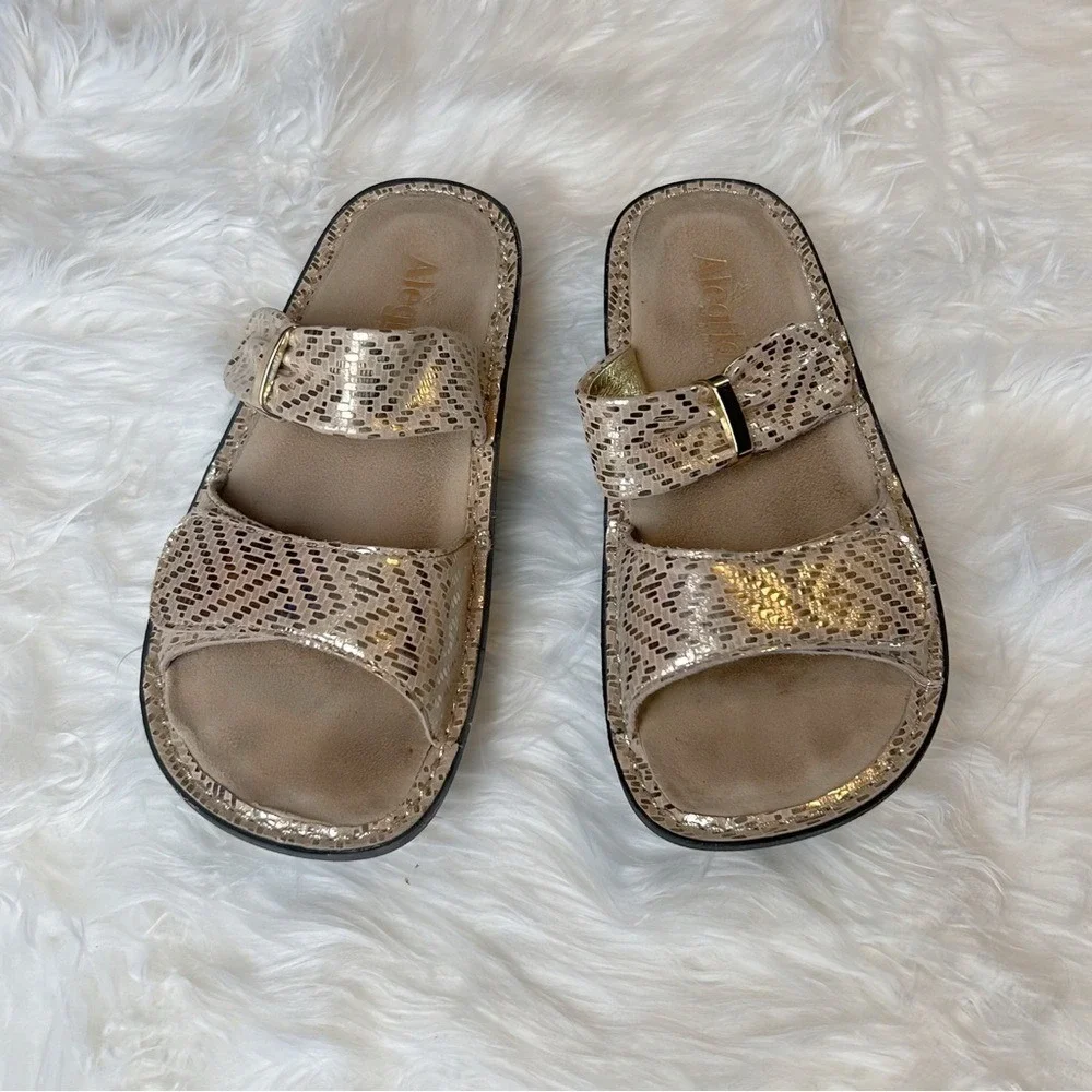 Alegria Karin Gold Snakeskin‎ Leather Slide Sandals Womens 38 KAR-523